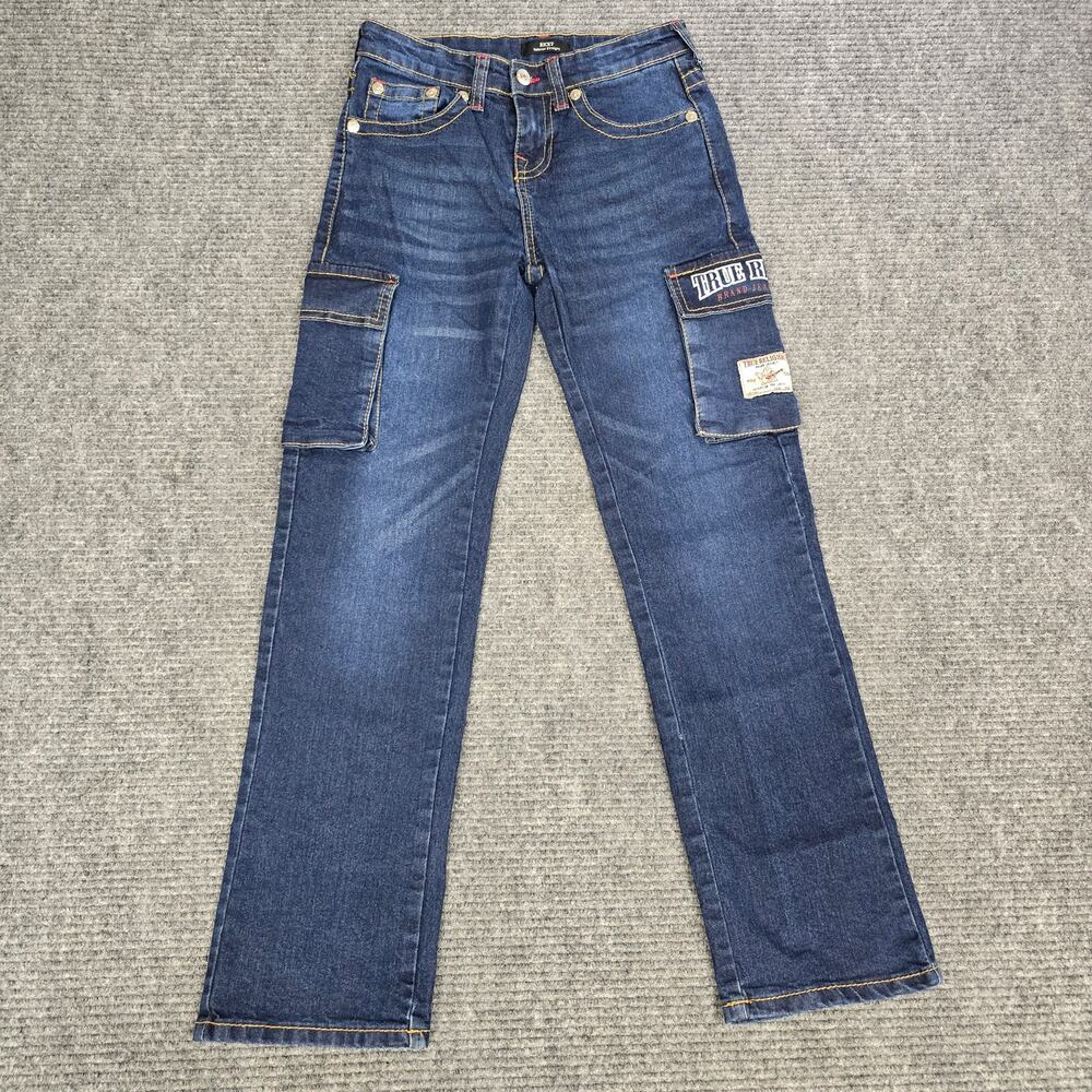 True Religion Ricky Jeans Boys 14 26x28 Blue Relaxed Straight Cargo Red Stitch